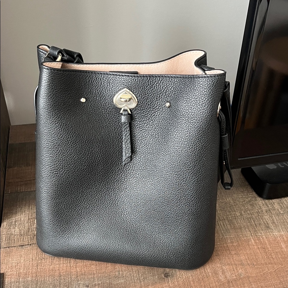 kate spade Black Pebbled Leather Hobo with Blush Lining and Gold Heart Lock